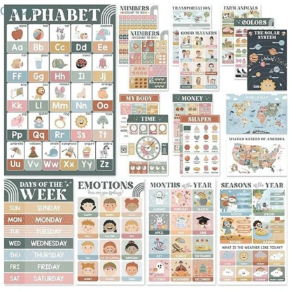 18 carteles educativos bohemios modernos para niños en edad preescolar, gráficos de carteles laminados de aprendizaje pre-k y jardín de infantes para niños pequeños