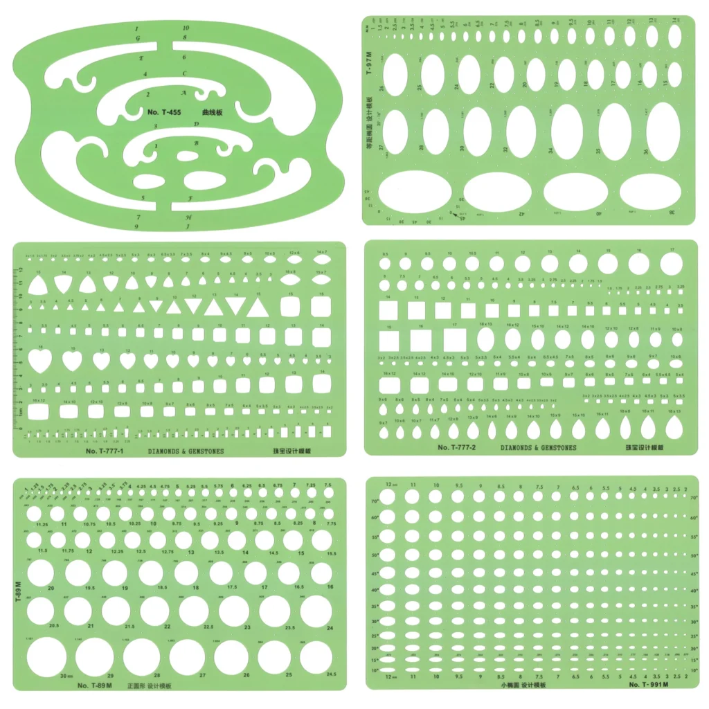 Plantilla de diseño de joyería, Kit de reglas de dibujo de piedras preciosas de diamante, reglas de encofrado, suministros de herramientas de diseñador profesional, T-777-1 de T-777-2