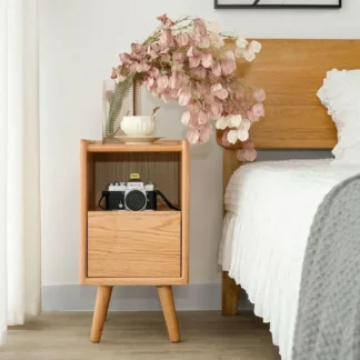 Mesita de noche de madera maciza con un cajón y estante abierto, mesita de noche moderna de mediados de siglo, mesa auxiliar pequeña duradera y resistente