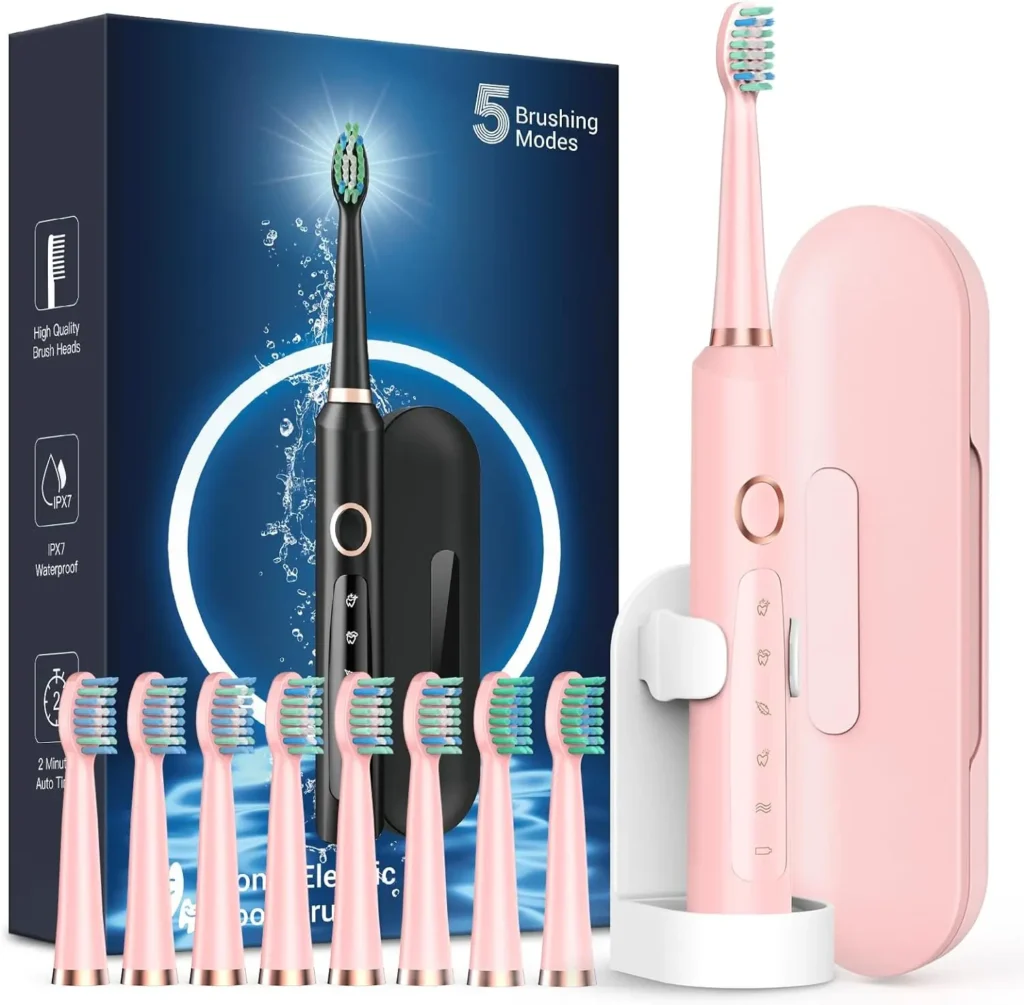 Rtauys M5 Cepillo de dientes eléctrico sónico para adultos y niños - Cepillo de dientes eléctrico recargable para niños mayores de 12 años y adultos con 8 cepillos