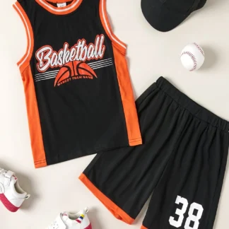 Conjunto deportivo sin mangas de baloncesto con letras estampadas para bebés de 2 uds (4-10 años) uso diario