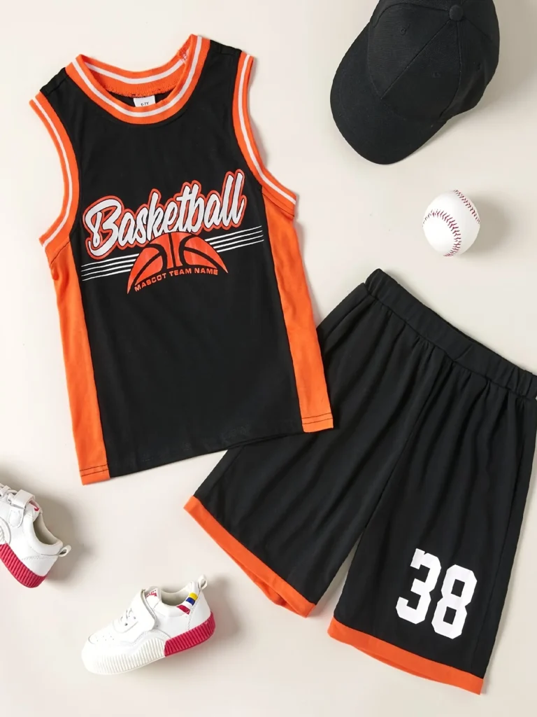 Conjunto deportivo sin mangas de baloncesto con letras estampadas para bebés de 2 uds (4-10 años) uso diario