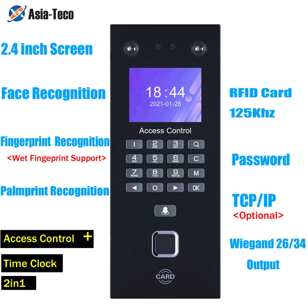 Control de Acceso Facial de 2,4 pulgadas, tiempo de asistencia, reconocimiento Facial IR, 125KHz, teclado RFID, huella dactilar
