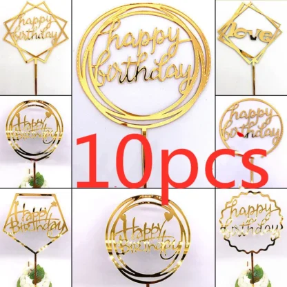 10 Uds. 36 estilos adorno para tarta de feliz cumpleaños adornos acrílicos para tarta de oro rosa pastel de Baby Shower decoraciones de bandera para tarta de fiesta de cumpleaños