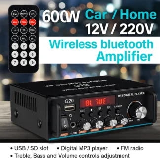 Mini amplificador Bluetooth G20 45W × 2/12V/AC110-240V entrada/USB SD AUX MIC/amplificador de potencia de doble canal para coche/hogar