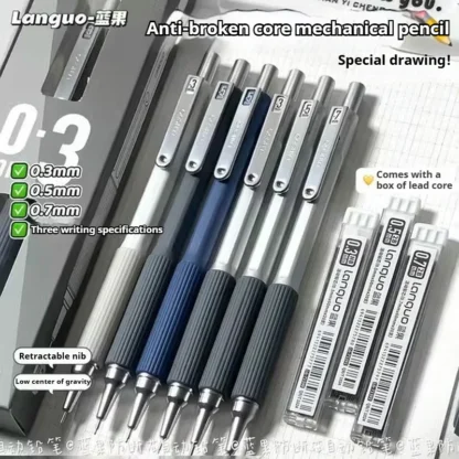 Juego de lápices mecánicos de 0,3, 0,5, 0,7mm, boceto de arte, punta retráctil, lápiz automático de baja gravedad, lápiz de escritura escolar, papelería