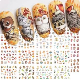 12 diseños de otoño, pegatina al agua para decoración de uñas, búho de dibujos animados, ardilla, zorro, erizo, deslizador de transferencia, tema de otoño, decoración de manicura de frutas