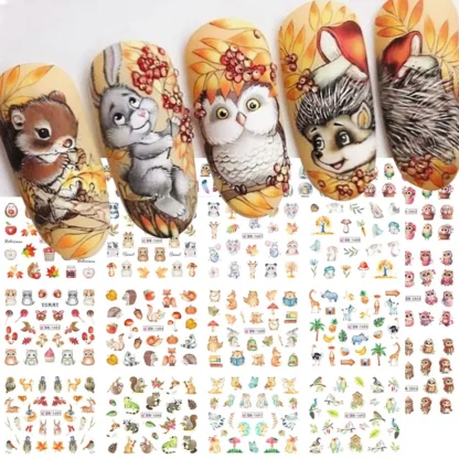 12 diseños de otoño, pegatina al agua para decoración de uñas, búho de dibujos animados, ardilla, zorro, erizo, deslizador de transferencia, tema de otoño, decoración de manicura de frutas