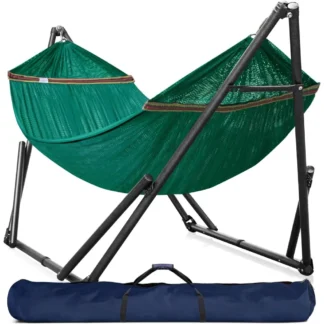 Hamaca doble con soporte incluido para 2 personas/soporte para hamaca plegable, estuche portátil de 600 libras de capacidad, interior, exterior, campamento