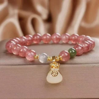 Bolsa de dinero de cristal de fresa china, pulsera de nicho Ping 2025, pulsera de la suerte con flor de melocotón, regalo de joyería para novia