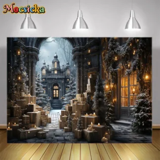 Fondo de esquina de Navidad e invierno, castillo antiguo en el bosque y muchas cajas de regalo de Navidad, fondo para retrato de niños, cabina de estudio fotográfico