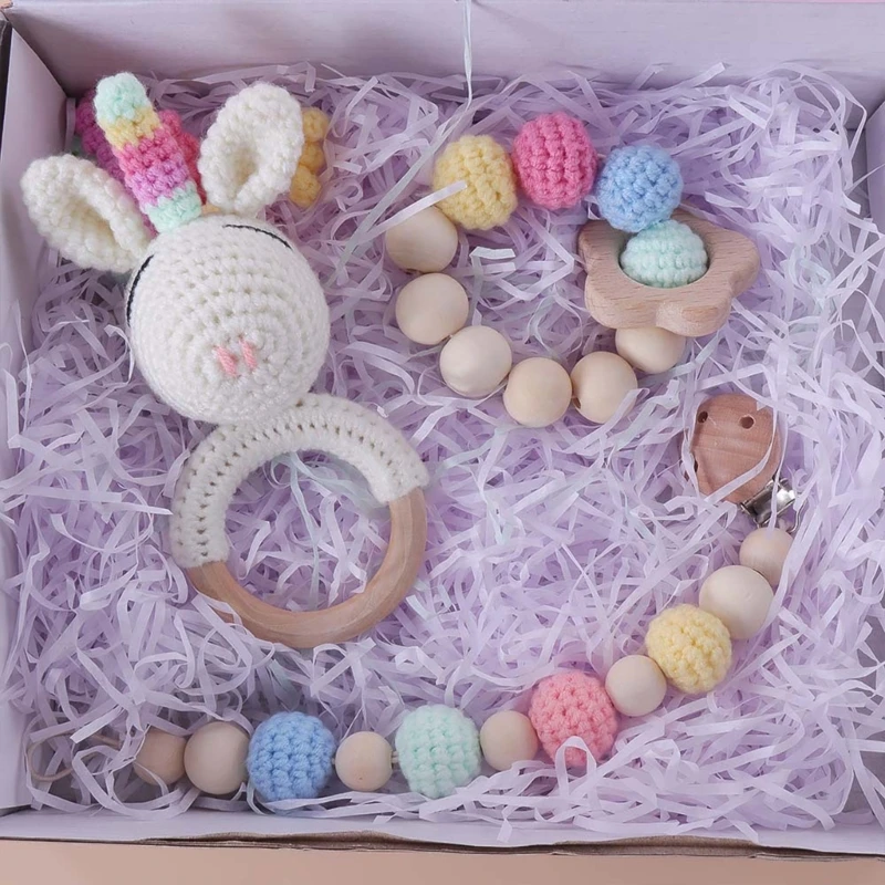 Juego de regalo para recién nacido, juguete de sonajero para bebé, Clip de chupete con mordedor de ganchillo, adecuado para bebés de 0 a 12 meses, QX2D, 3 uds./Set