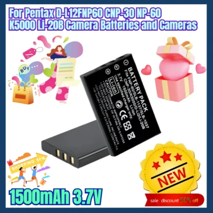 1500mAh 3.7V para baterías y cámaras Pentax D-L12FNP60 CNP-30 NP-60 K5000 Li-20B