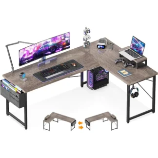 Escritorio en forma de L, escritorio esquinero para computadora de 66", escritorio para juegos, escritorio para oficina en casa con estante para monitor, pestaña para estación de trabajo que ahorra espacio