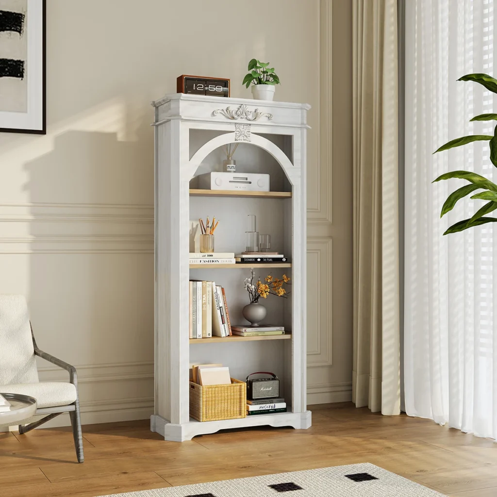 Estantería de 4 niveles de 65 ", estantería de libros de diseño arqueado moderno, estantería abierta de madera independiente, gabinete para sala de estar, hogar y oficina