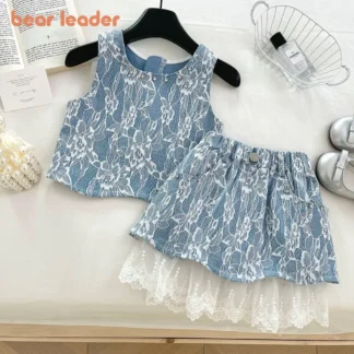 Bear Leader 2025 verano Pascua versión coreana conjunto para niña chaleco vaquero sin mangas de encaje + Falda corta conjunto de 2 uds ropa de moda para niños