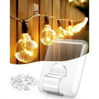 Ganchos para clips de luces de cadena para exteriores: paquete de 20 clips de luz rectangulares grandes para exteriores tiras adhesivas impermeables de alta resistencia