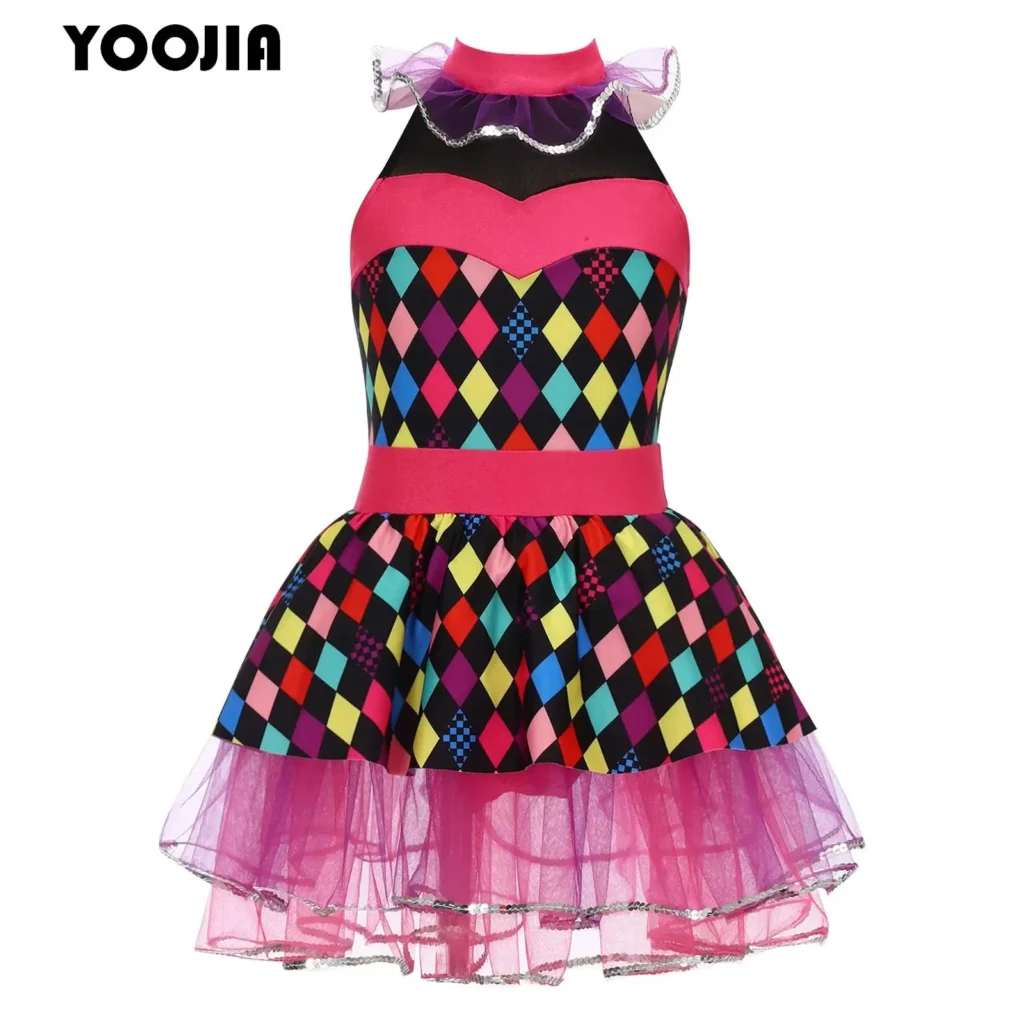 Disfraz de payaso de circo para niñas, disfraz de rejilla con cuello Halter, falda de malla sin mangas, tutú, vestido de leotardo de baile para fiesta temática de Halloween