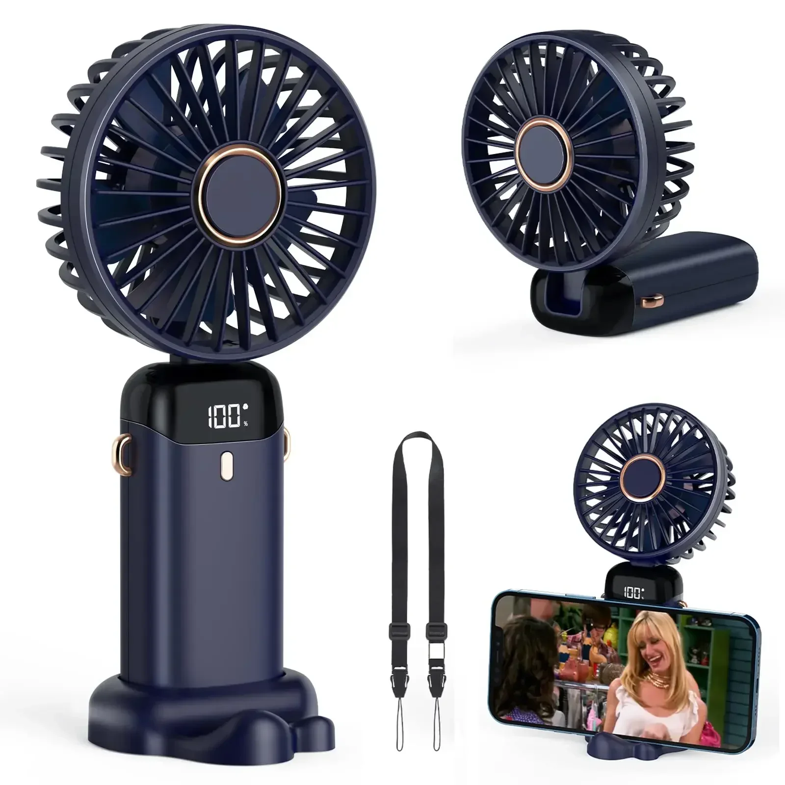 Mini ventilador de mano de 5000mAh, inalámbrico, recargable por USB, portátil, pantalla Digital, soporte para teléfono, ventilador plegable de 5 velocidades para colgar en el cuello