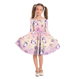 Vestido de niña a la moda con estampado de caballo arcoíris, ropa para chico, vestido informal de manga larga para primavera y otoño, vestido de fiesta de cumpleaños para niña