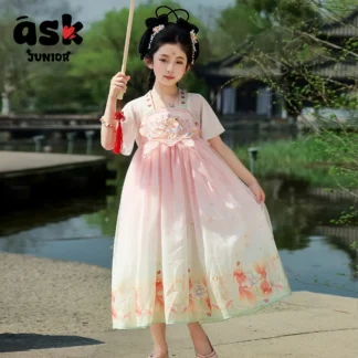 Pregúntale a los niños jóvenes Hanfu verano niñas estilo nacional antiguo vestido de pecho súper inmortal ropa de rendimiento