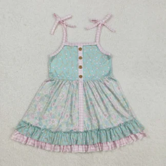 Venta al por mayor, ropa Floral sin mangas para niños pequeños, botones hasta la rodilla para niñas, vestido de flores con volantes y tirantes para niños