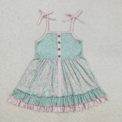 Venta al por mayor, ropa Floral sin mangas para niños pequeños, botones hasta la rodilla para niñas, vestido de flores con volantes y tirantes para niños