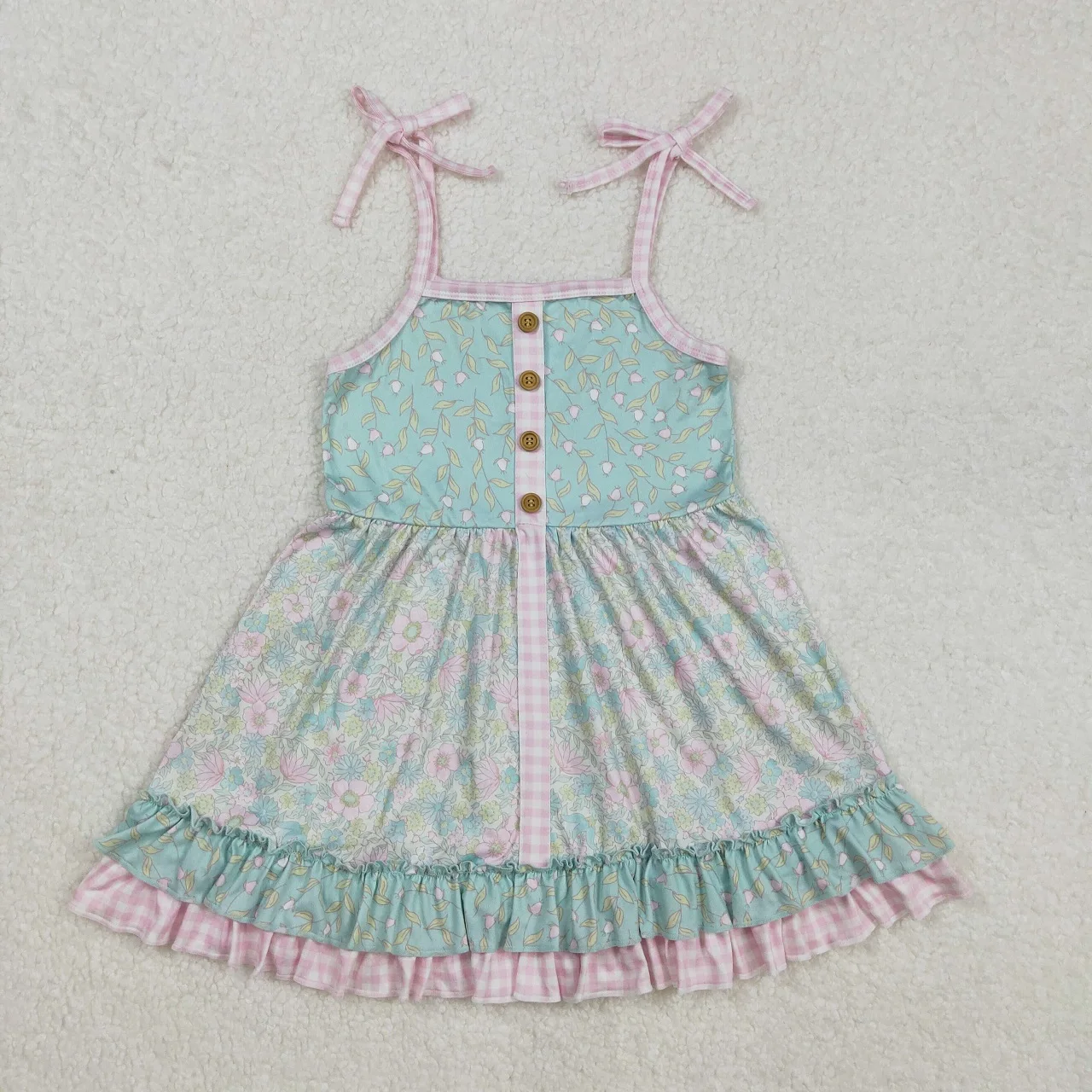 Venta al por mayor, ropa Floral sin mangas para niños pequeños, botones hasta la rodilla para niñas, vestido de flores con volantes y tirantes para niños
