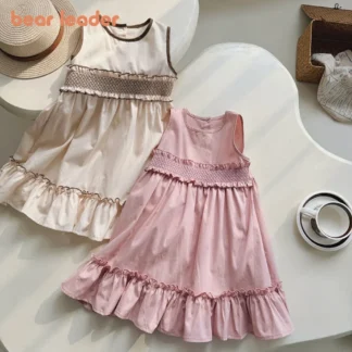 Bear Leader Pascua 2025 nuevo vestido para niñas versión coreana liso cuello redondo bordes con volantes ropa informal de vacaciones para niños