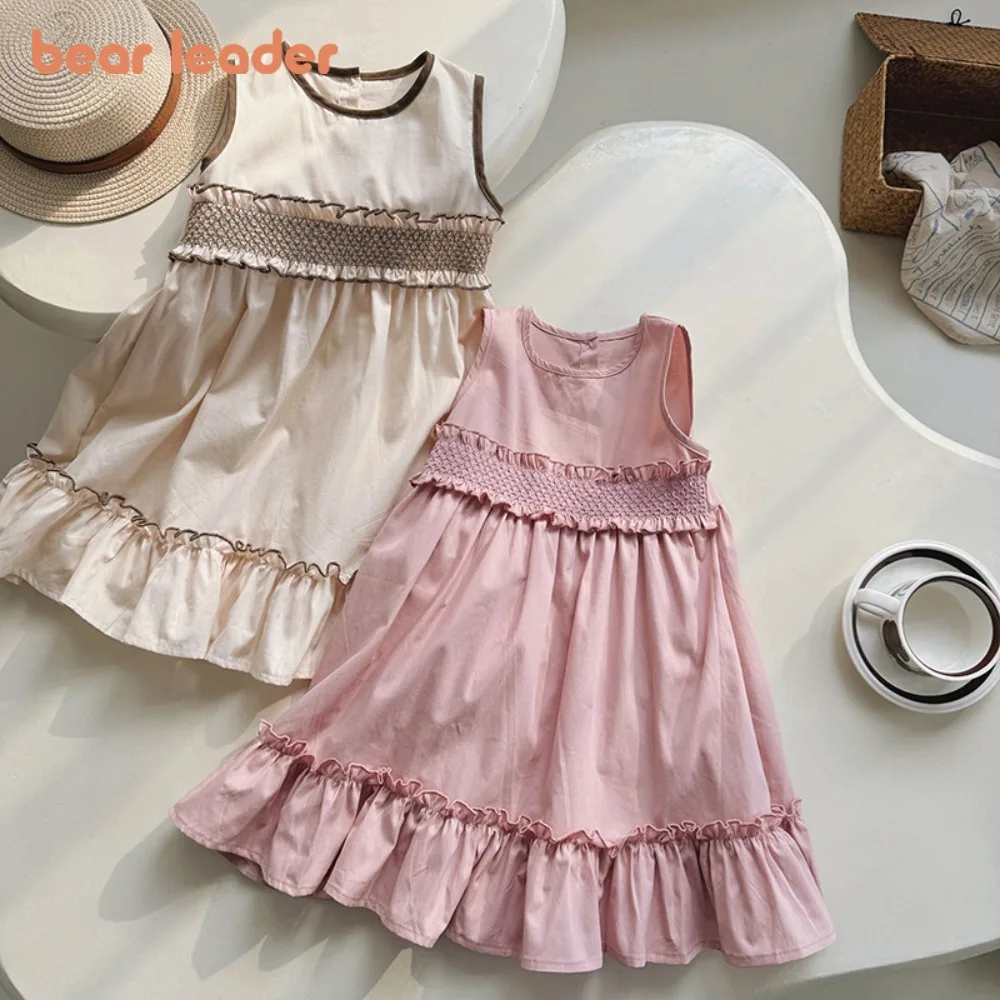 Bear Leader Pascua 2025 nuevo vestido para niñas versión coreana liso cuello redondo bordes con volantes ropa informal de vacaciones para niños