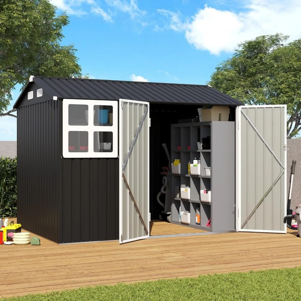 Cobertizo de almacenamiento para exteriores de 8x6 pies, cobertizo de jardín de metal de acero galvanizado con ventana grande, puerta doble bloqueable, cobertizo para herramientas al aire libre para B