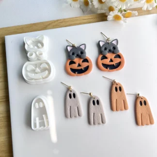 Sombrero de cara de fantasma de Halloween y juego de cortadores de arcilla polimérica de calabaza grande, moldes para pendientes DIY para gato, perro, conejo, fabricación de cerámica blanda