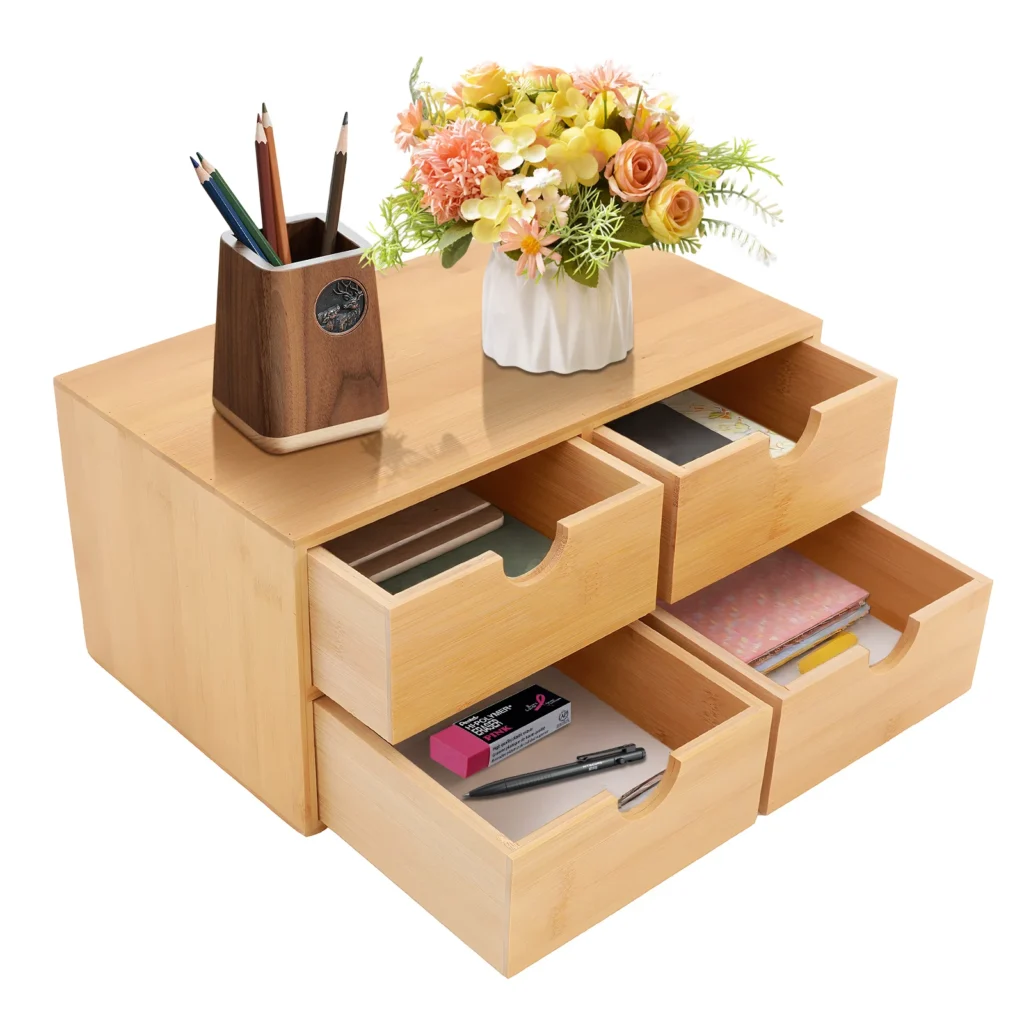 Mini cajón de escritorio de bambú de 4 cajones, caja de organización de almacenamiento de mesa, organizador de escritorio para oficina y hogar