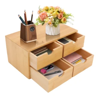 Mini cajón de escritorio de bambú de 4 cajones, caja de organización de almacenamiento de mesa, organizador de escritorio para oficina y hogar