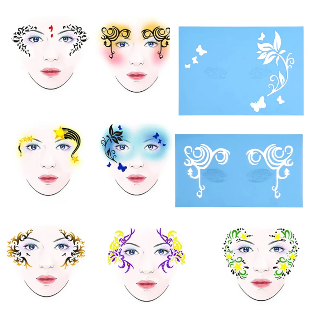 7 estilos/juego de plantilla de pintura facial reutilizable, plantilla de pintura corporal, diseño Facial de mariposa y flor, plantilla de pintura facial reutilizable