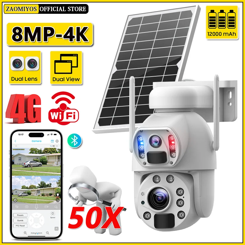 Zoom 50X 4G tarjeta SIM Solar lente Dual/cámara de visión 4K 8MP WIFI cámara IP PTZ detección PIR al aire libre vigilancia de visión nocturna de seguridad