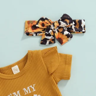 Adorable conjunto de mameluco para niña, mono con estampado de letras y mangas aleteadas, pantalones acampanados con estampado de leopardo a juego