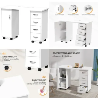 Estación de trabajo de madera para técnico de uñas con gabinete, cajones, ruedas y reposamuñecas para salón de spa y escritorio de manicura de belleza para el hogar