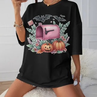 Rosa-Halloween-Clipart-Cute-Halloween Maternidad Camiseta holgada negra con cuello redondo Ropa de invierno cómoda y elegante para mujer