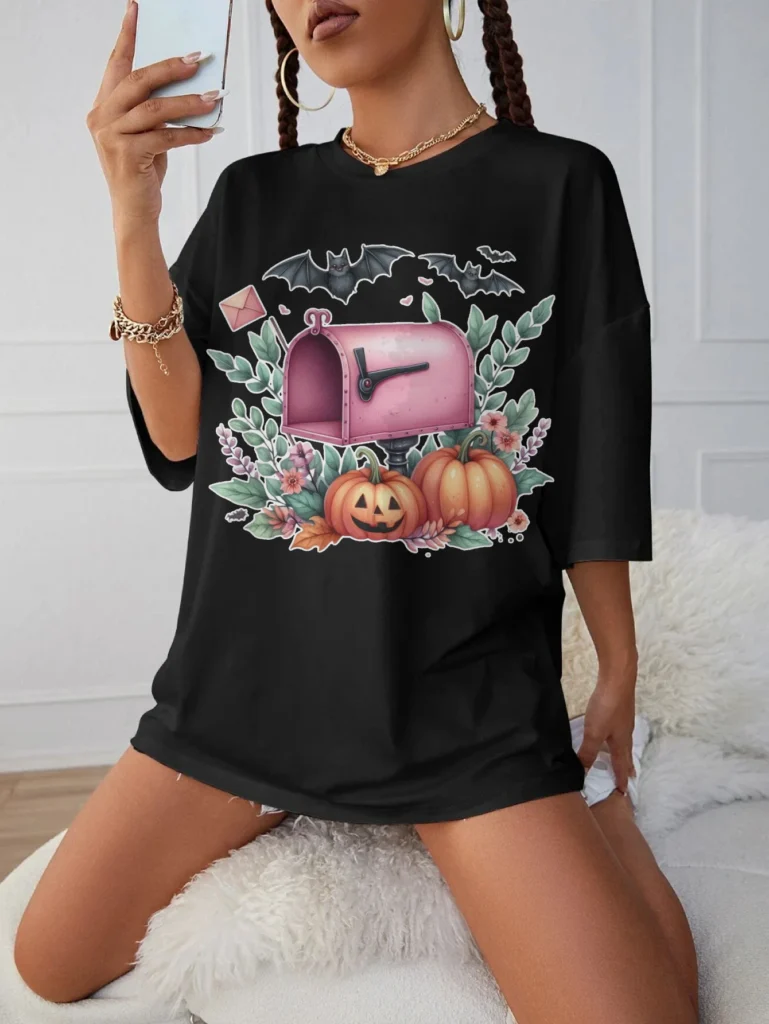Rosa-Halloween-Clipart-Cute-Halloween Maternidad Camiseta holgada negra con cuello redondo Ropa de invierno cómoda y elegante para mujer