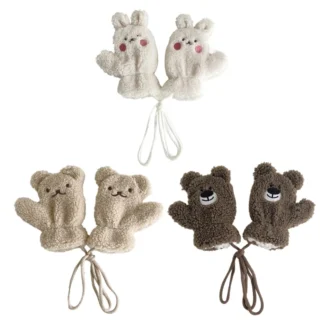 Guantes bonitos dibujos animados con forro grueso felpa, accesorios esenciales para invierno, manoplas con correa para