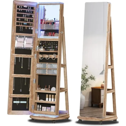 360 ° Gabinete de joyería con espejo de longitud completa giratorio de pie con luces, gabinete de almacenamiento de joyería con espejo, joyería de pie