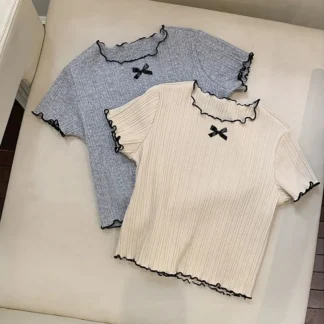 2025 niños volantes Bowknot cuello redondo Tops camiseta niñas blusa de manga corta 2025 niños moda de verano ropa ligera suave