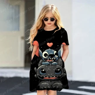 Disney-Vestido de manga corta con estampado 3D para niños y adultos, vestido de fiesta de dibujos animados, color negro y azul, novedad de verano