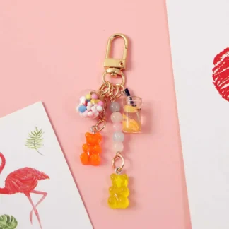 Llavero con colgante de bolsa de dulces acrílico de fruta flotante Unisex para hombre, accesorios de moda, llavero de oso