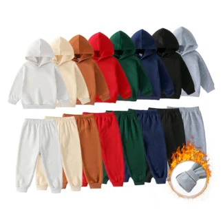 2025 Otoño Invierno niños chándales con capucha trajes 1-86Y niño niños niñas ropa traje sólido suéter de felpa y pantalones deportivos conjunto
