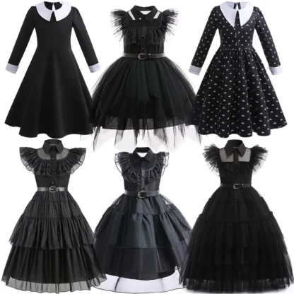 2025 Halloween Pascua Adas Wen. Vestido de miedo gótico elegante y bonito negro + manos falsas + pelucas para fiesta de Festival de Carnaval de niña
