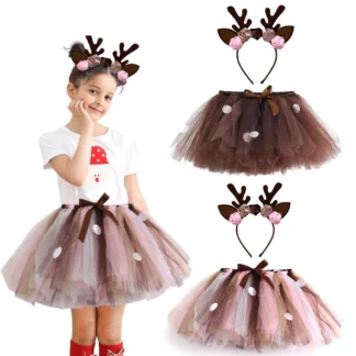 Diadema para niñas, faldas tutú de ciervo de Navidad, conjunto de faldas de tul para niños, falda acampanada de reno y alce para cumpleaños y Halloween