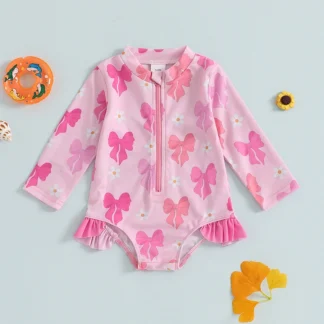 Traje de baño con volantes para niña pequeña, traje de baño de manga larga con cremallera y protección contra sarpullidos, bonito traje de baño con patrón de lazo, mameluco