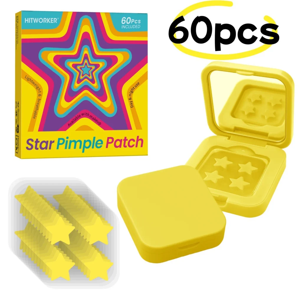 60 hojas/caja de 4 colores de pegatinas para el acné de estrellas: pegatinas para cubrir el acné en gel a base de agua, parches faciales con espejo de maquillaje
